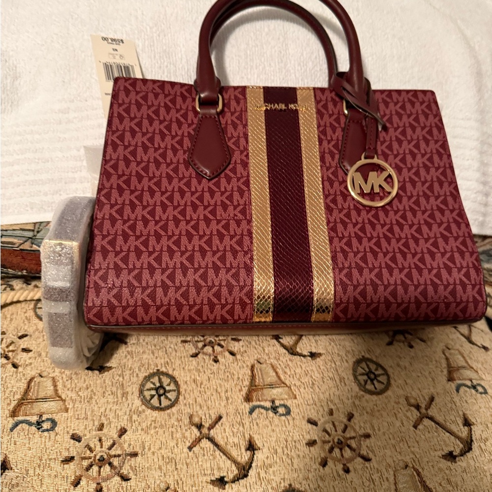 NWT Michael Kors Burgundy and Gold Signature Satchel